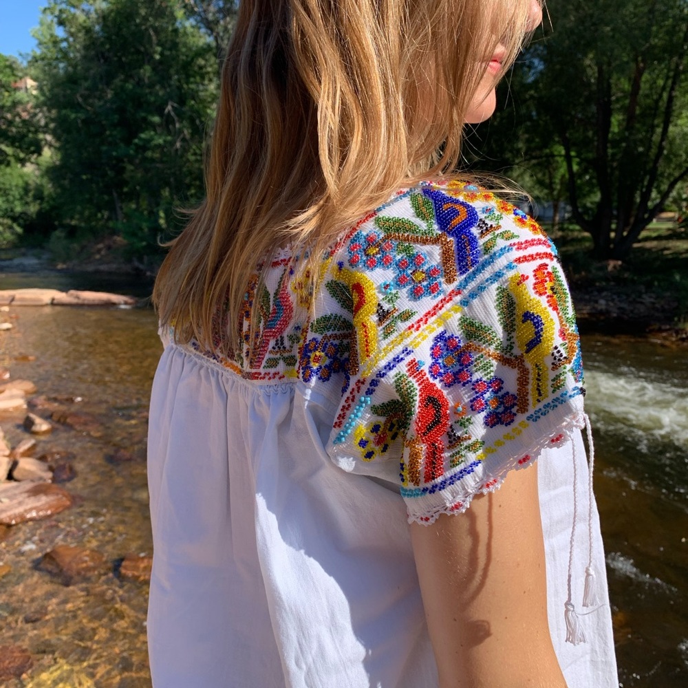 Mumartisans white cotton handmade peasant blouse with beaded embroidery, OS